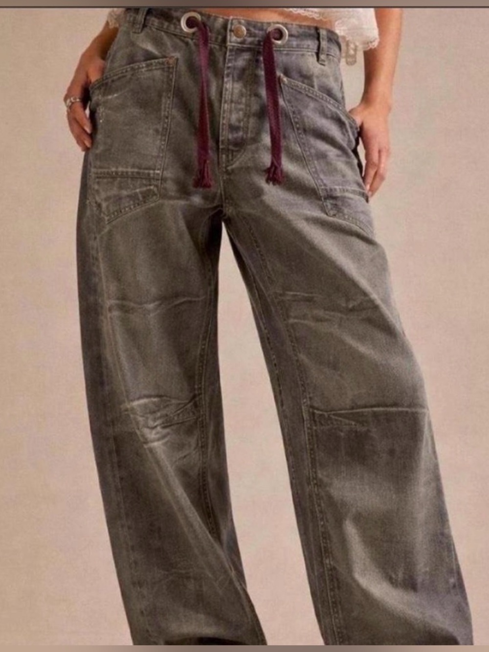 NWOT We The Free Moxie Barrel Jeans Gray Metallic Distressed Sz 25, 27